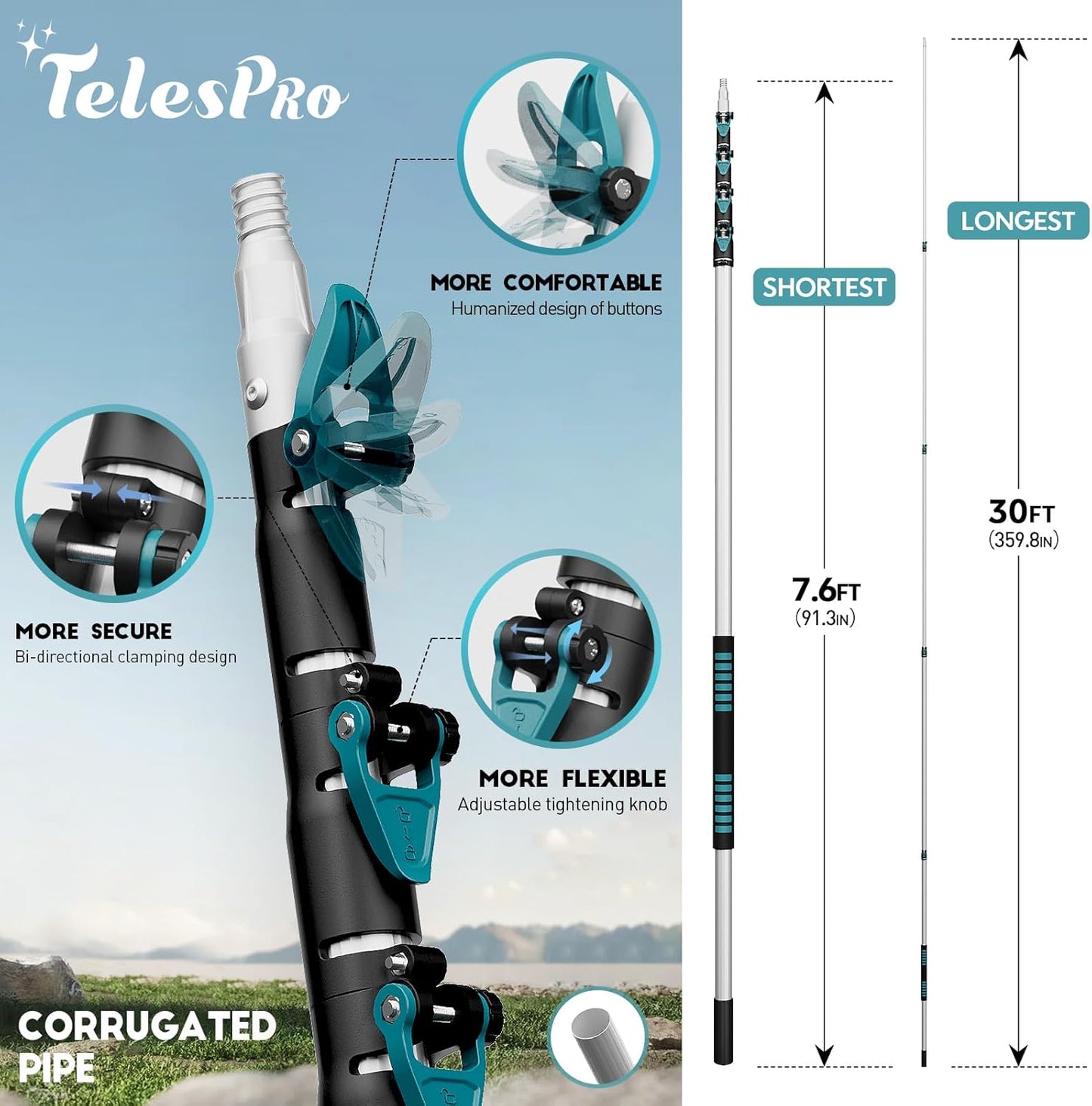 36 Foot High Reach Duster Kit with 7-30FT Extension Pole High Ceiling Dusting and Window Cleaning Kit with Telescopic Pole Window Washer&Squeegee,Cobweb Duster,Fan Duster and Feather Duster