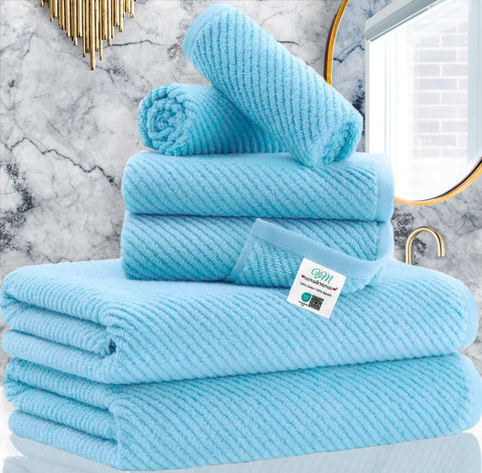 Towels for Bathroom - 100% Cotton | Quick Dry | Lightweight | Thick | Soft, Towel Set of 6, 2 Large Bath 30"x56", 2 Hand 18"x28", 2 Wash Cloths 13"x13", Luxury Towel Gift Set, Blue Towels Bathroom Set