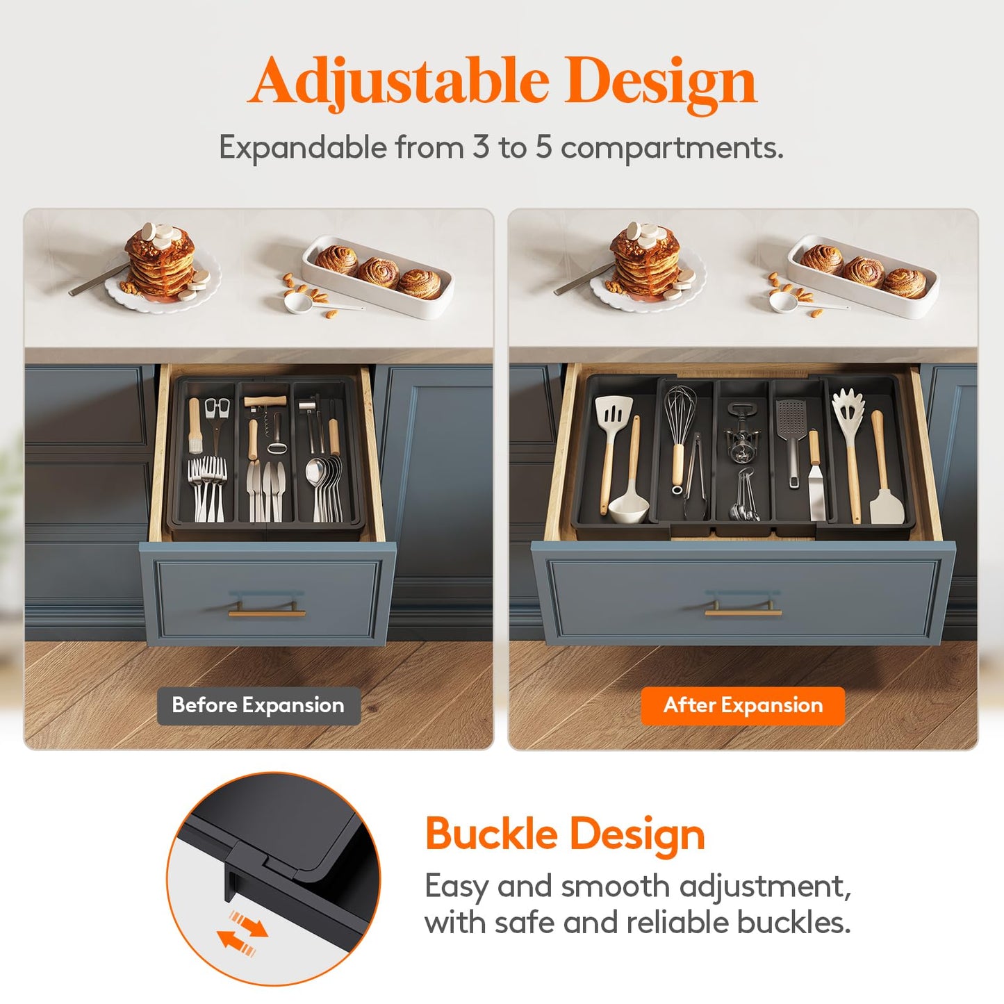 Lifewit Utensil Organizer for Kitchen Drawers, Expandable Cooking Utensil Tray, Adjustable Cutlery