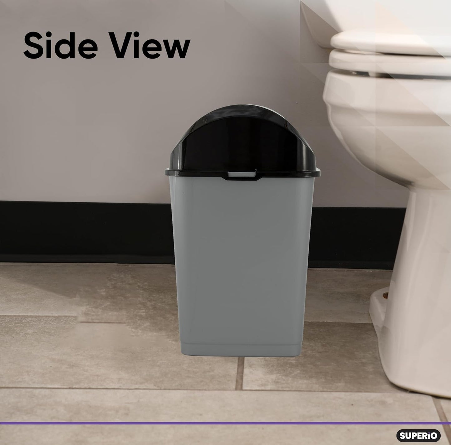 Superio Small 2.5 Gallon Plastic Trash Can with Swing Top Lid, Compact Slim Waste Bin for Under Desk, Office, Bedroom, Bathroom, Dorm Room, 10 Qt. Portable Garbage Can (Grey/Black)