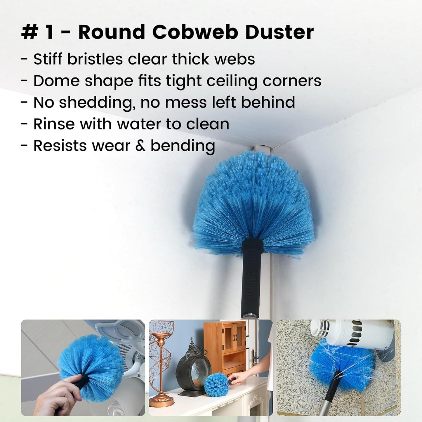 Ceiling Fan Duster Kit – 5-in-1 Bendable & Dual-Sided Heads – Washable Dusters for High Ceiling, Fans, Corners, Glass – Fits Standard ¾ Pole – Blue Cleaning Set