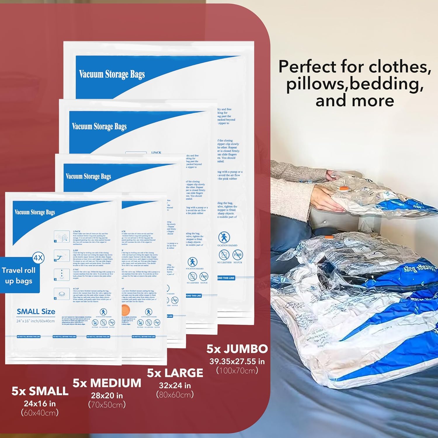 Vacuum Seal Bags for Clothing Travel & Home Storage, travel vacuum bags with pump, Store Blankets