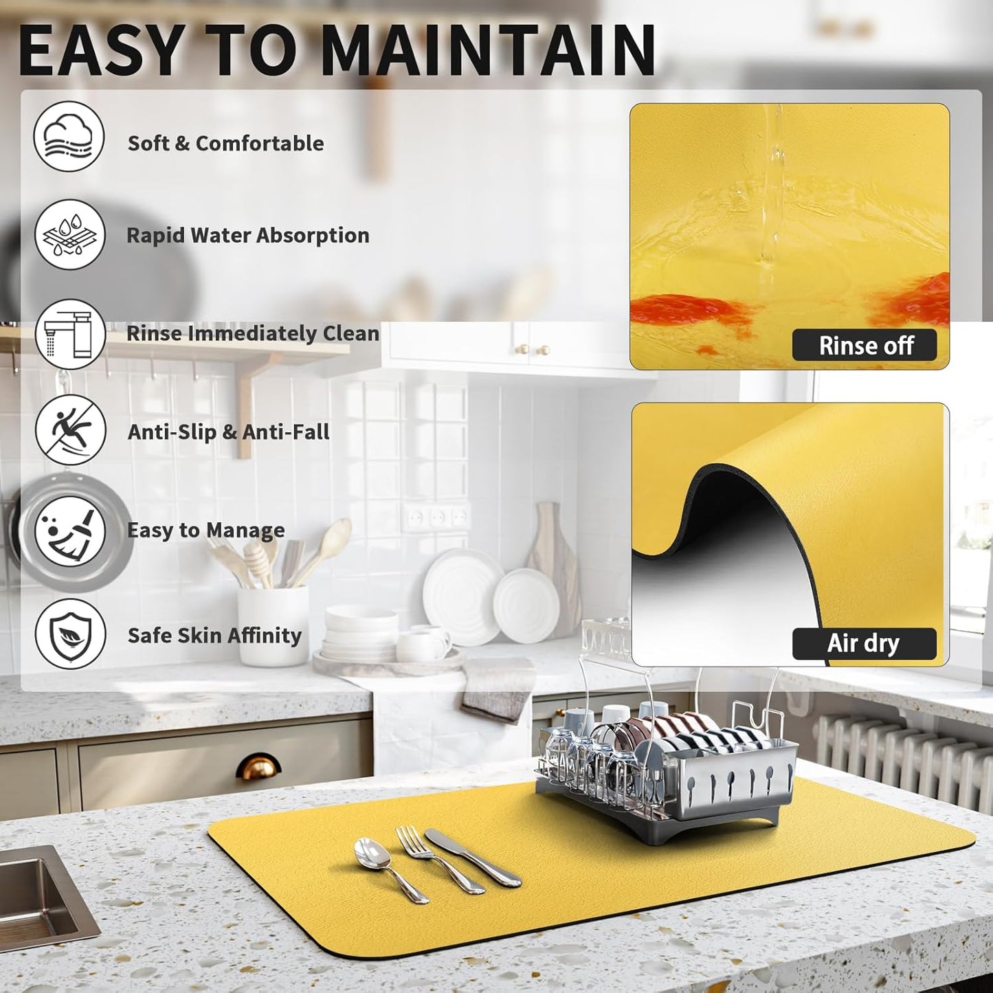 Dish Drying Mat for Kitchen Counter, Heat Resistant Drainer Mats with Non-slip Rubber Backed, Hide Stain Kitchen Super Absorbent Draining Mat, Easy to Clean Dish Rack Pad, Yellow 18"x32"