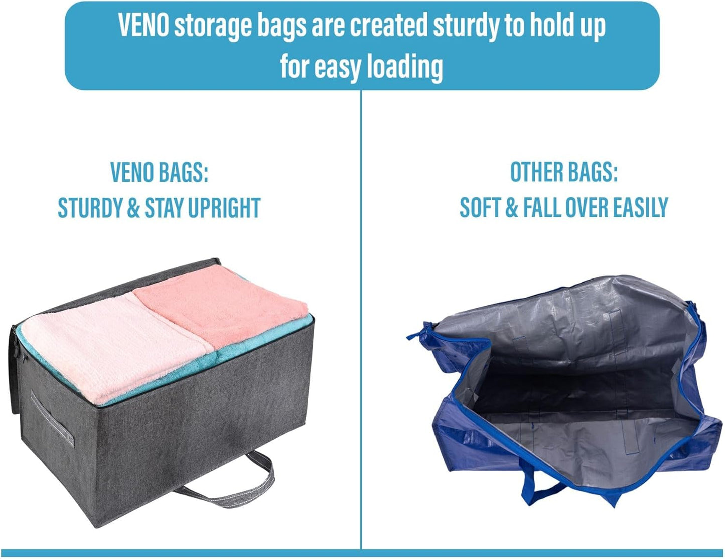 VENO 8 Pack Moving and Storage Bags, Heavy Duty, Alternative to Moving Boxes, Large Packing Totes Supplies for College Dorm Room with Zipper for Clothes, Wide Open Design (Dark Gray, 8 Pack)