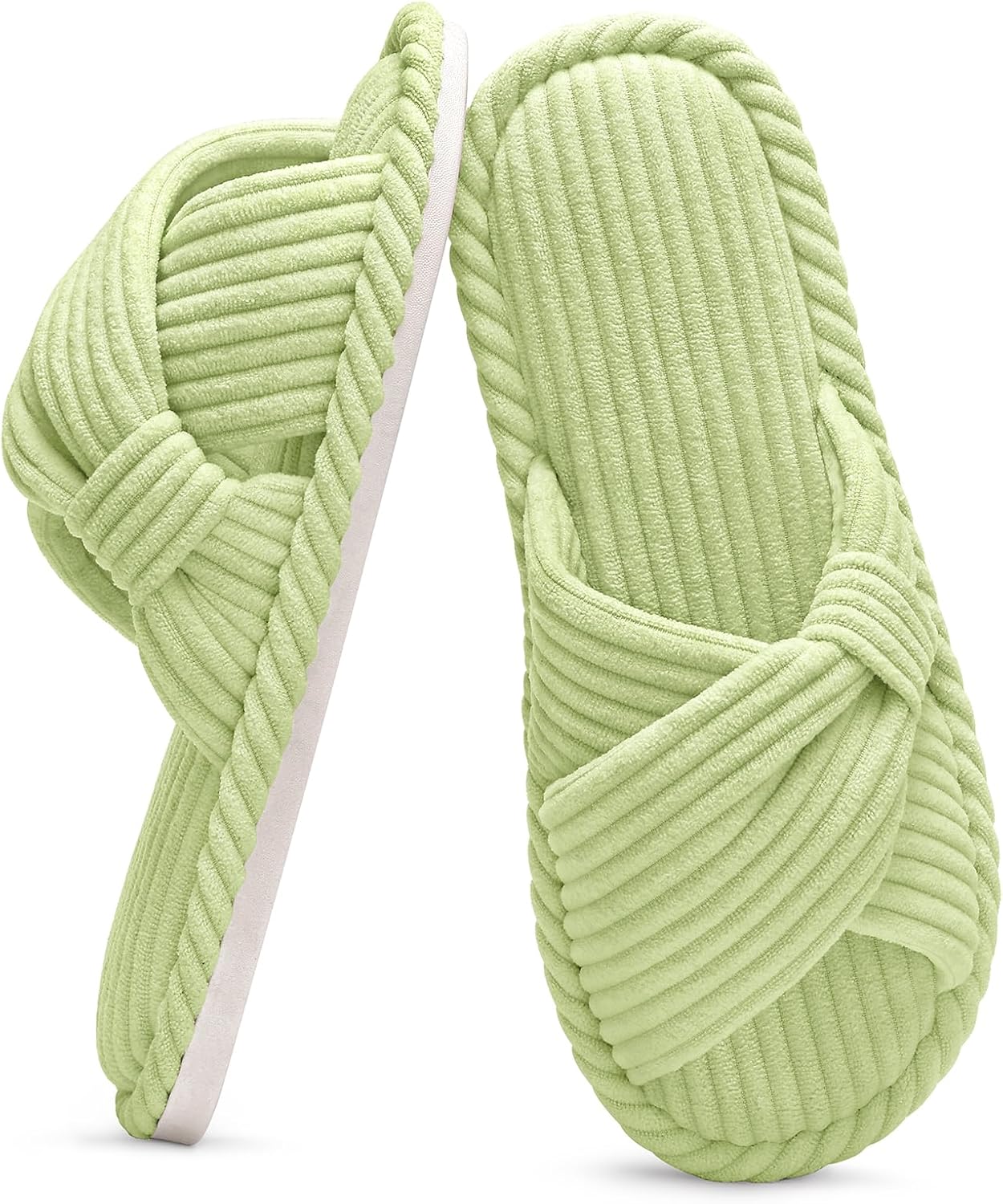 Evshine Summer House Slippers for Women Corduroy Cross Bow Indoor Slippers Open Toe Slip On Bedroom Shoes with Memory Foam