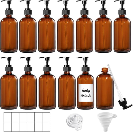 12 Pack Amber Glass Bottles 8oz with Pump Dispensers, Refillable Empty Pump Bottles for Bathroom, Kitchen, Shampoo, Soap, Lotion – Includes 2 Funnels & 12 Labels