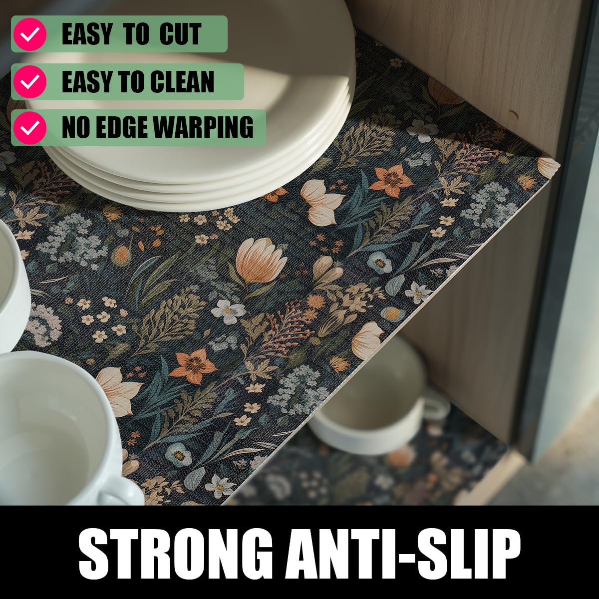 Amiitay Vintage Floral Drawer Liner, Non-Adhesive and Strong Non-Slip