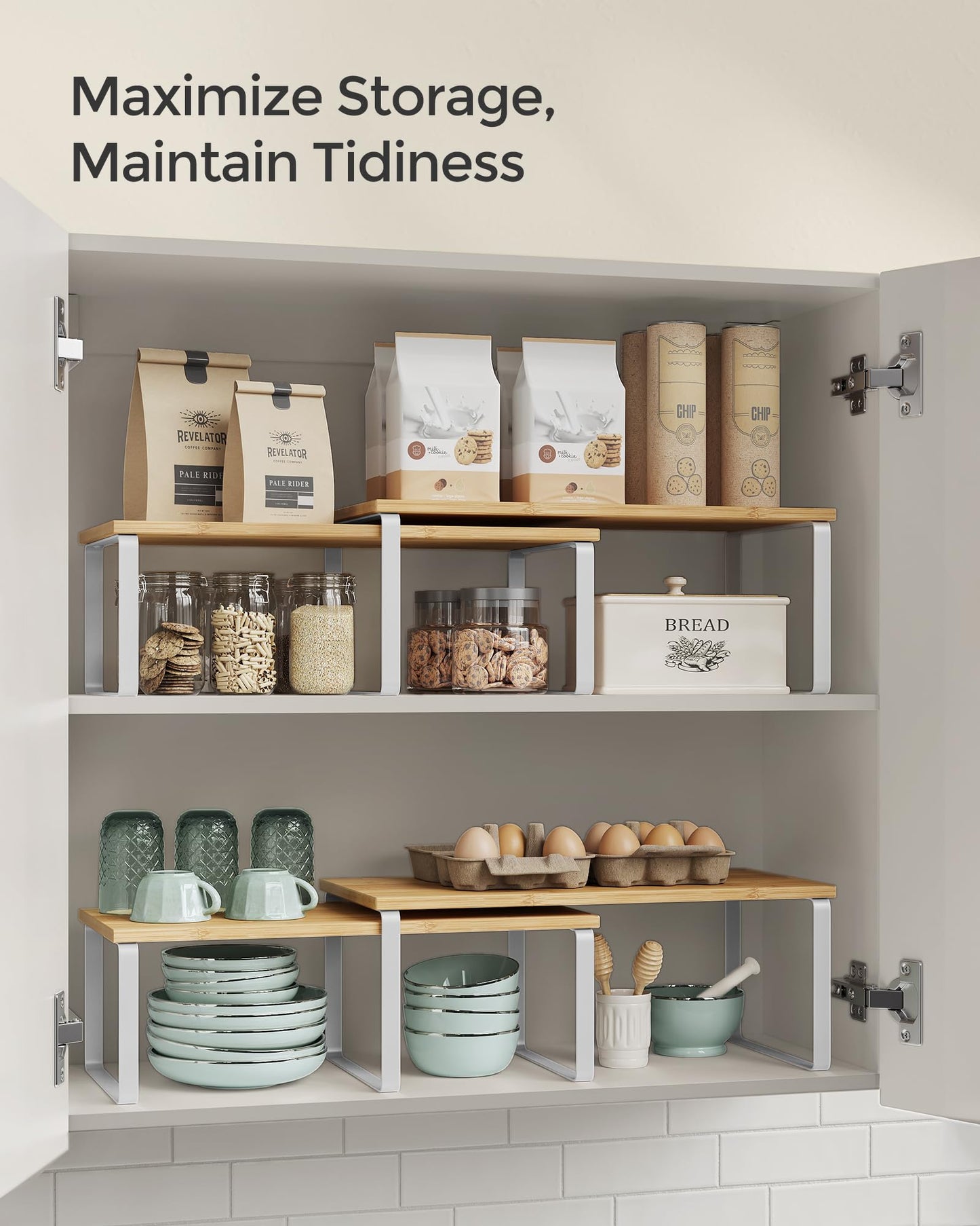 SONGMICS Cabinet Organizer Shelf, Set of 4 Kitchen Counter Shelves, Kitchen Storage, Spice Rack