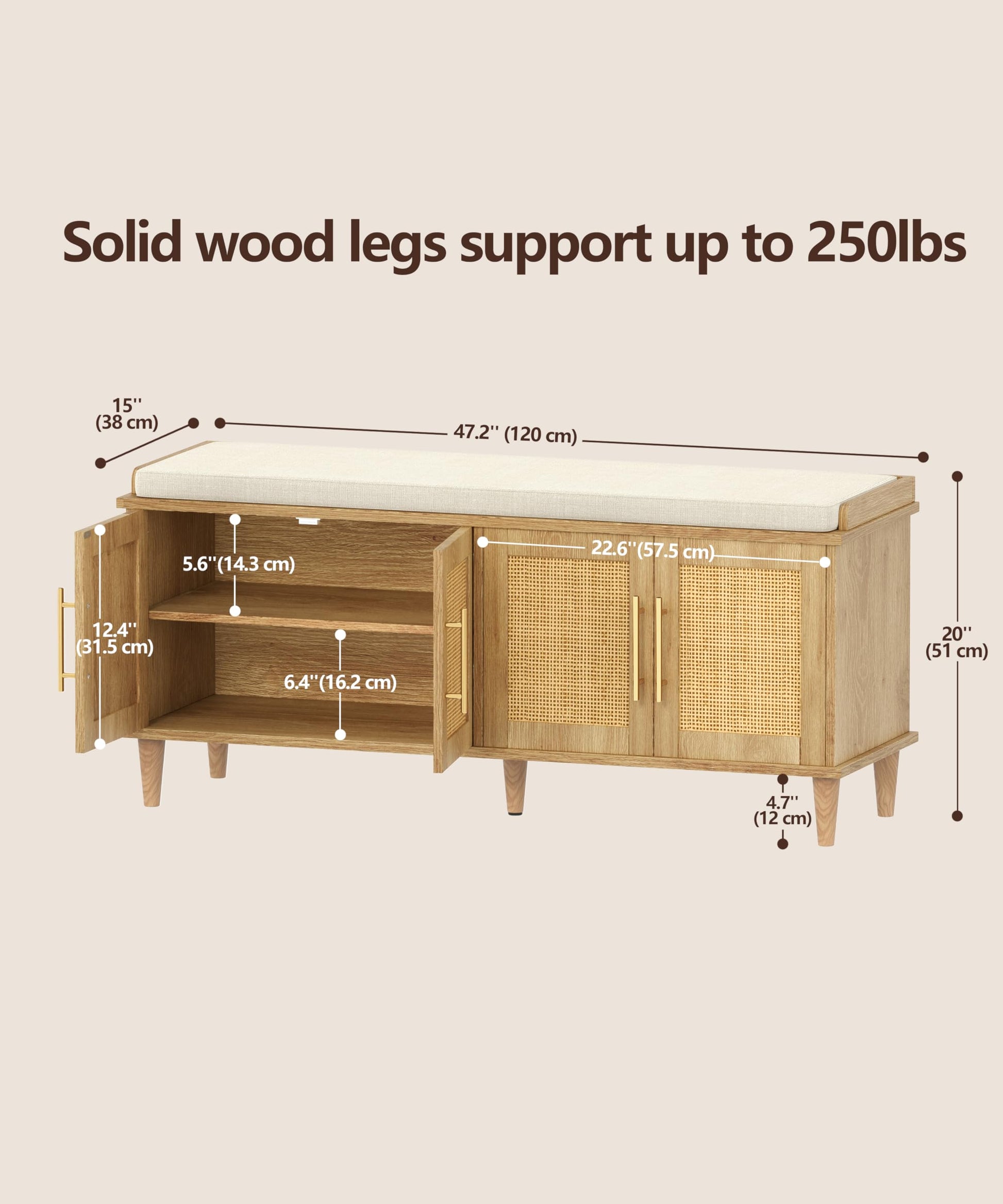 Akxomel 47.2" Rattan Shoe Storage Bench 4 Doors Wooden Entryway Bench Oak