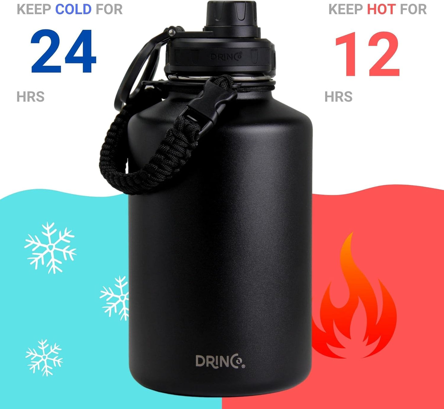 DRINCO Stainless Steel Water Bottle Spout Lid Vacuum Insulated Double Wall Water Bottles Wide Mouth (64oz 40oz 32oz 22oz 18oz 14oz) Leak Proof Keep Cold Sport Camping Hiking