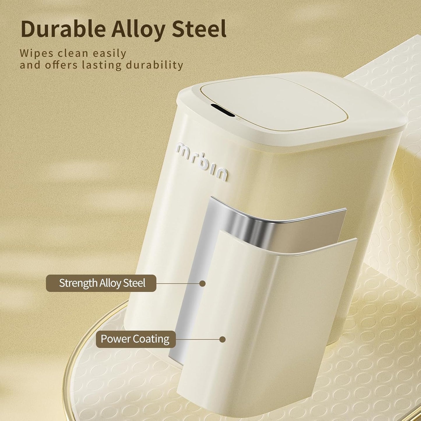 MRBIN Motion Sensor Bathroom Metal Trash Can with Lid and Wheels, 10L/2.6gal Automatic Removable Slim Electric Narrow Waste Basket for Near Desk Office, Bedroom, Kitchen, Rv, White