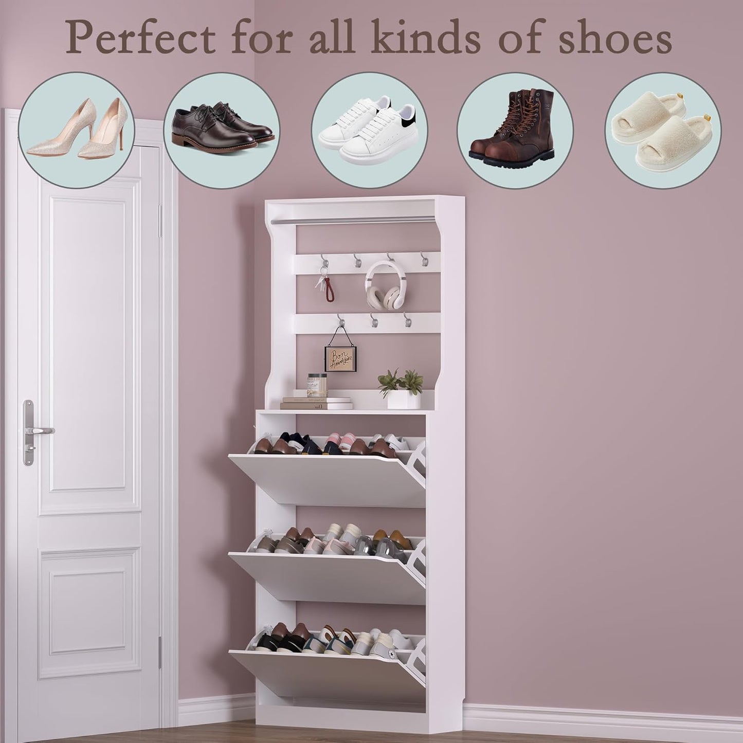 Shoe Cabinet with 3 Flip Drawers & Coat Rack, Narrow Hidden Shoe Storage Cabinet, 2-in-1 Hall Tree Slim Freestanding Shoe Rack Organizer for Entryway, Hallway, and Living Room