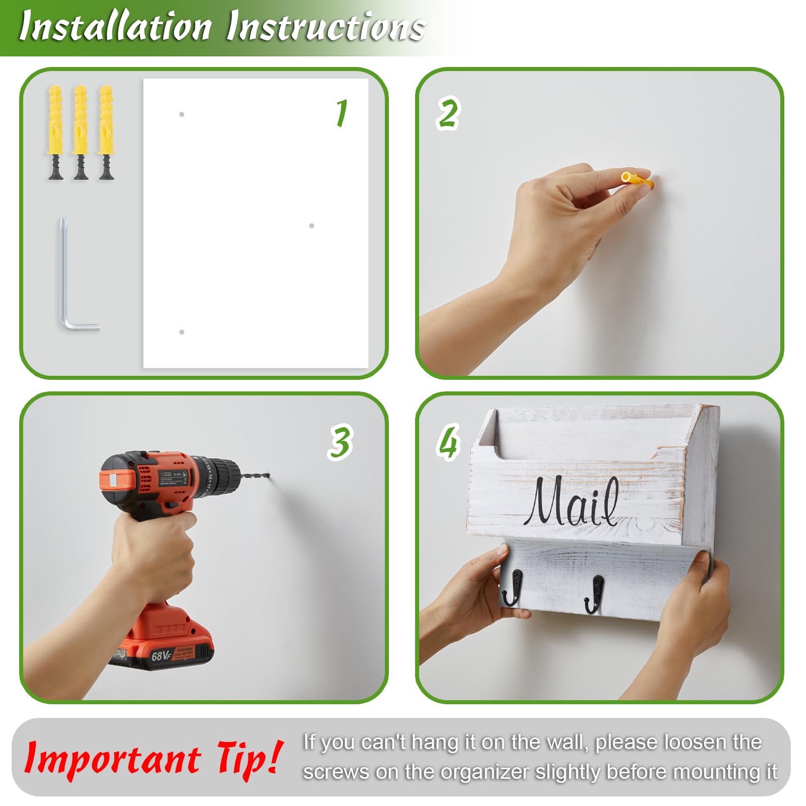 DRASTAR Mail Organizer Wall Mounted, Wooden Mail & Key Holder for Wall, Hanging Mail Organizer