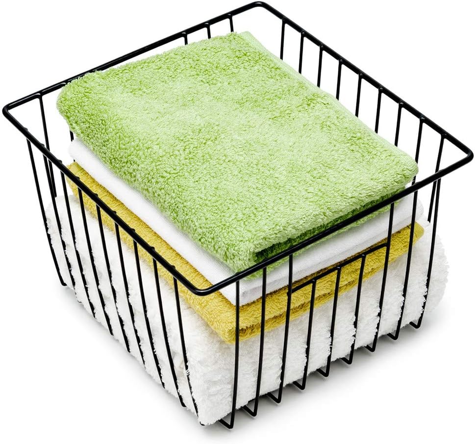 Slideep Refrigerator Freezer Organizer Wire Storage Basket , Farmhouse Food Wire Bins Container with Handles for Kitchen, Pantry, Freezer, Cabinet, Car, Bathroom Black 4 Pack