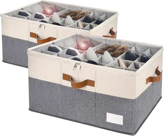 Shoe Organizer for Closet, Foldable Shoe Storage Bins with Clear Cover, Space Saving Shoes Holder with 4 Handles, Large Adjustable Shoe Box Storage Containers, Fits 12-24 Pairs, 2 Pack, Beige