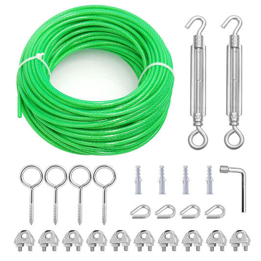 M6 Turnbuckles for Cables Wire, 3/16" Green PVC Coated Wire Rope Kit, Multi-use Steel Cable for