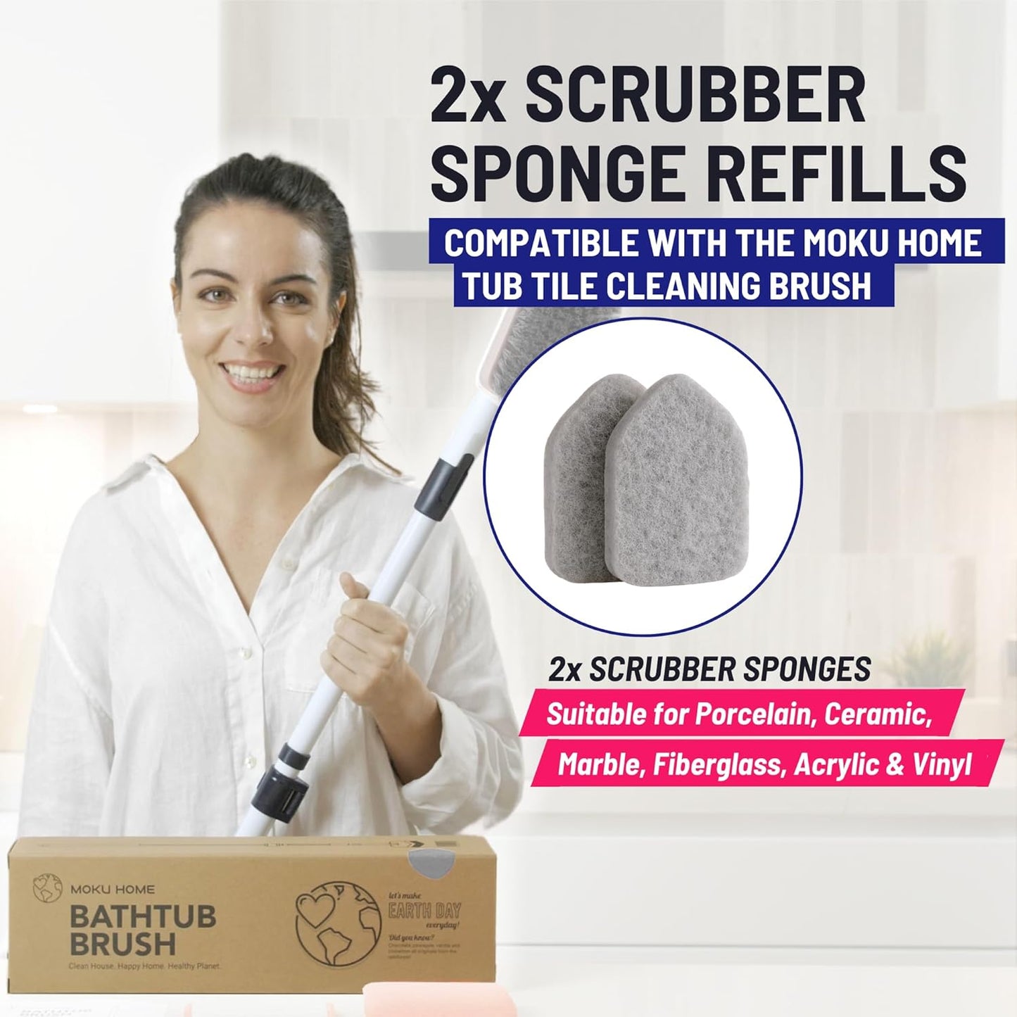 Replacement Scrubber Refill for Moku Home Extendable Tub Tile Shower Brush for Cleaning Non-Scratch (2X Scrubber Sponge Gray)
