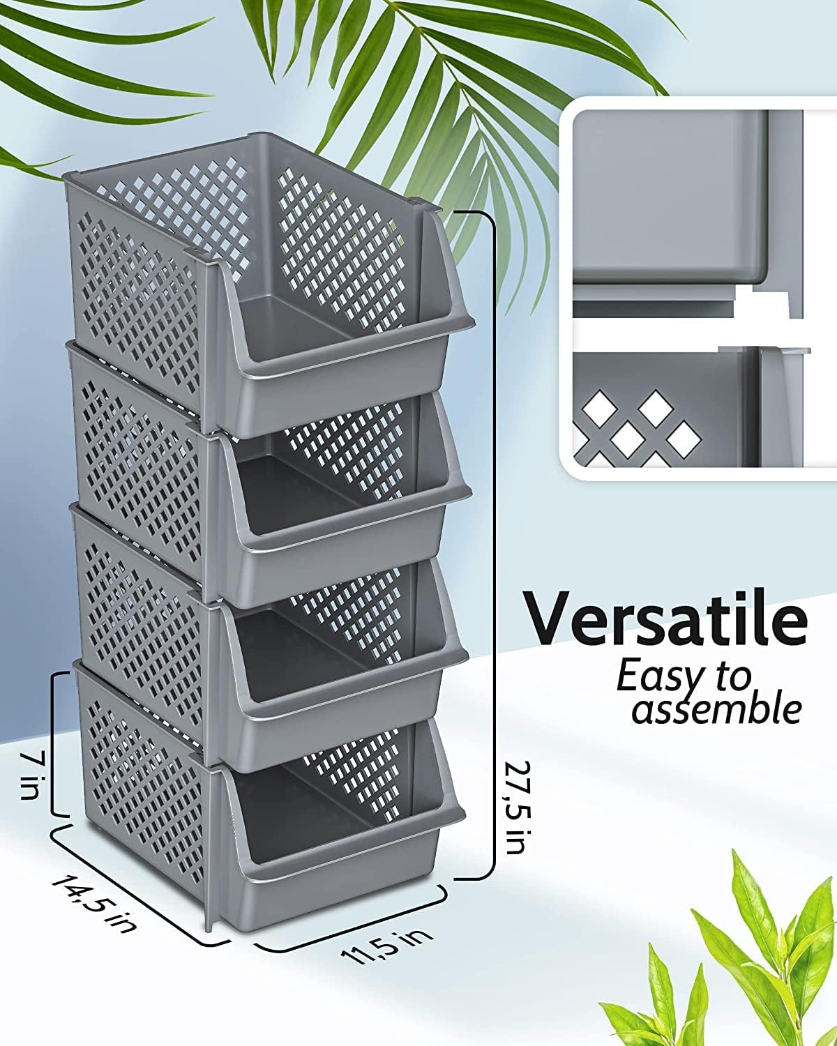 TidyFriend Plastic Stackable Bins for Pantry, 8 Pack Large Stacking Bins Open Front Kitchen, and Bathroom Organization, Open Front Design (Grey)