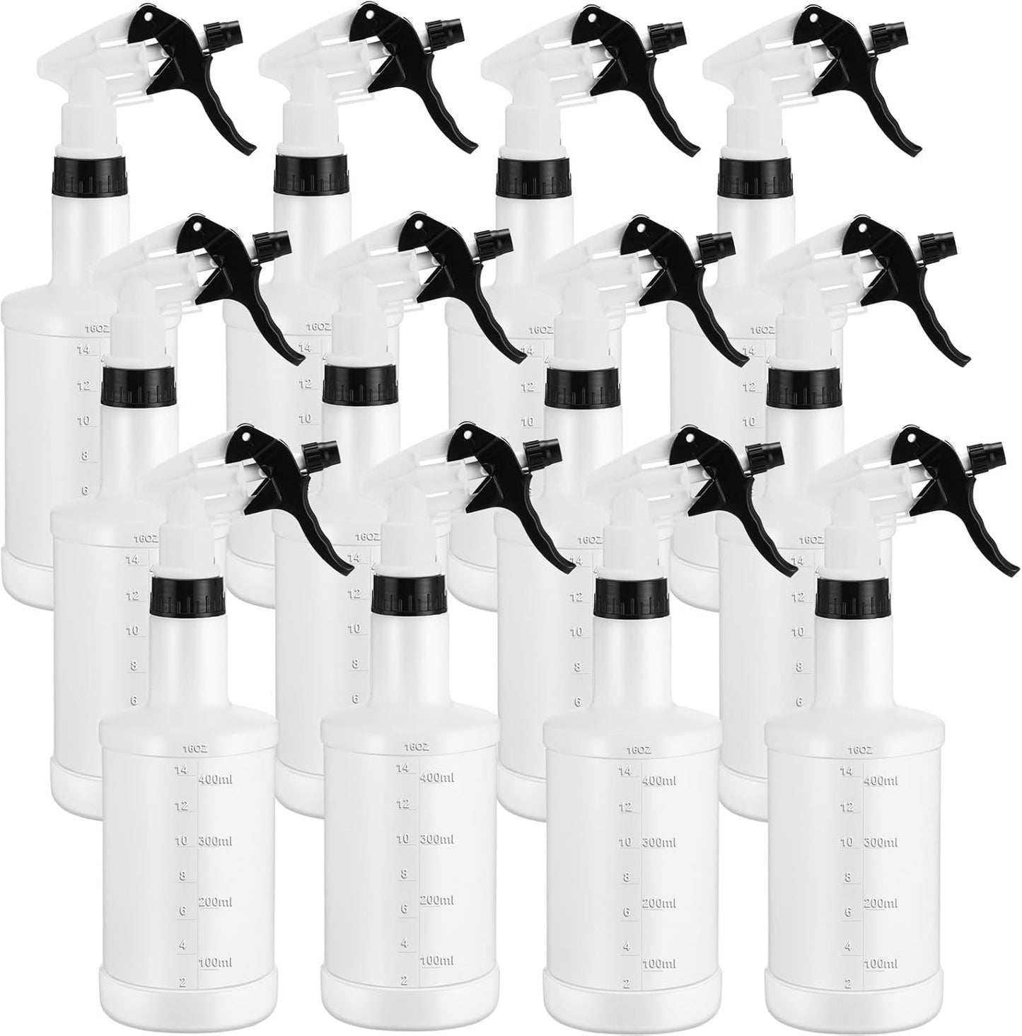 Eccliy 12 Pcs 16 Oz Plastic Spray Bottle, Adjustable Empty Reusable Sprayer for Cleaning, Planting, Water, Bathroom and Kitchen, BBQ, Commercial and Residential (Black&white)