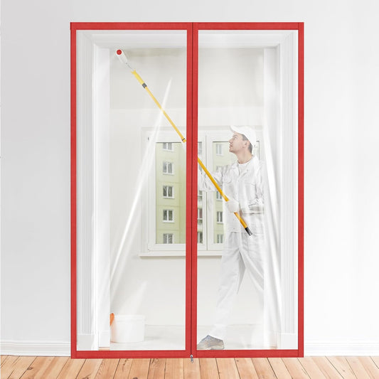 Amylove Zipper 60 x 102 Inch Dust Barrier Kit Red Edged Temporary Construction Door Barrier 5 x 8.5 ft Reusable Plastic Curtain Cover Containment Doorway Wall Screen Sheeting for Bathroom Hallway