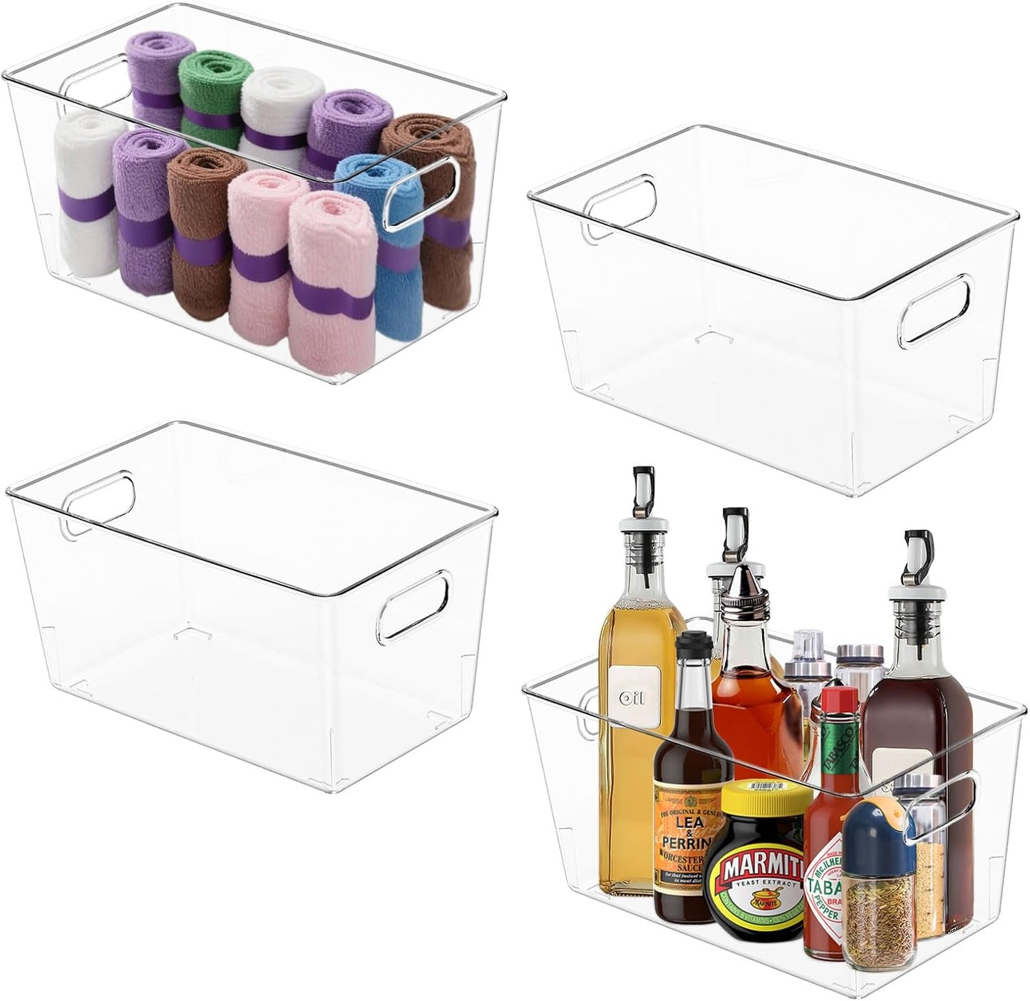 MOONEDGE 4-Pack Clear Plastic Storage Bins — Open-Top PET Organizers and Storage, 11" x 8" x 6" Storage Containers Ideal for Refrigerator, Pantry, Fridge Organization and Countertop Storage
