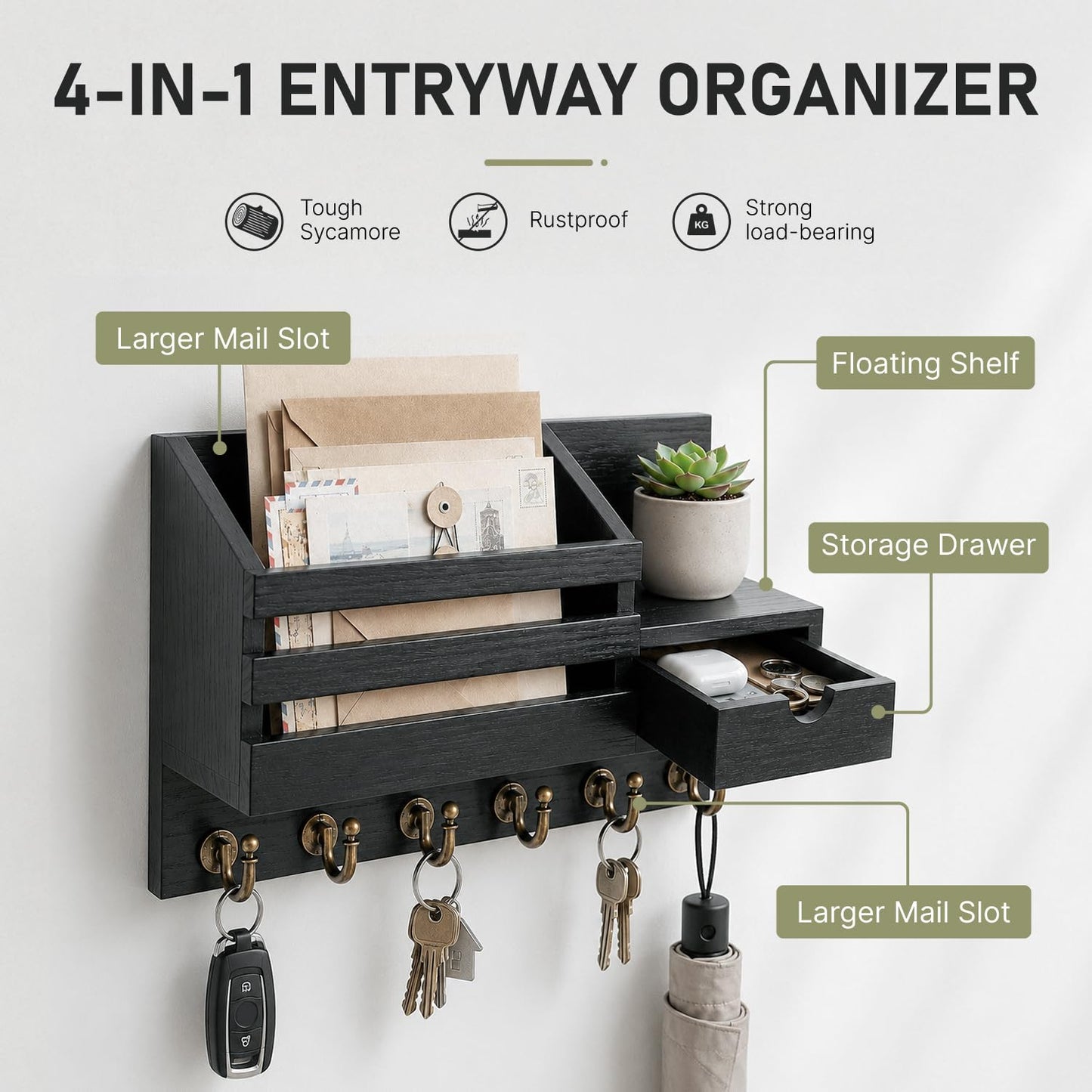 FifthQuarter Key Holder Wall Mount with Drawer and 6 Sturdy Hooks, A-Black