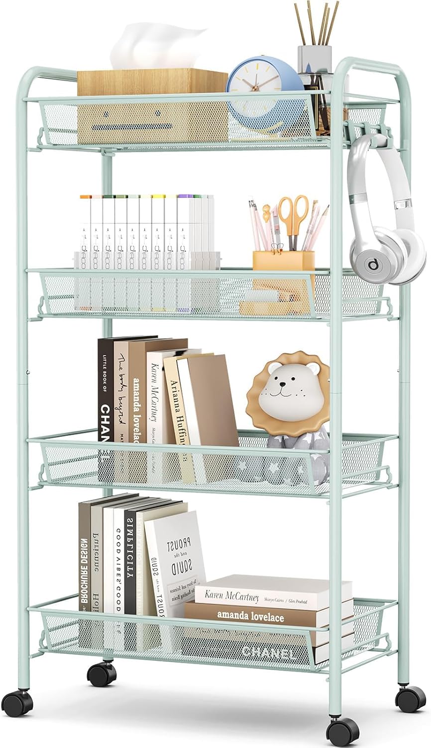 TOOLF 4-Tier Rolling Cart, Metal Utility Cart with 3 Hooks, Easy Assemble Mobile Storage Trolley On Wheels, Metal Shelving Units Kitchen Bathroom Laundry Room