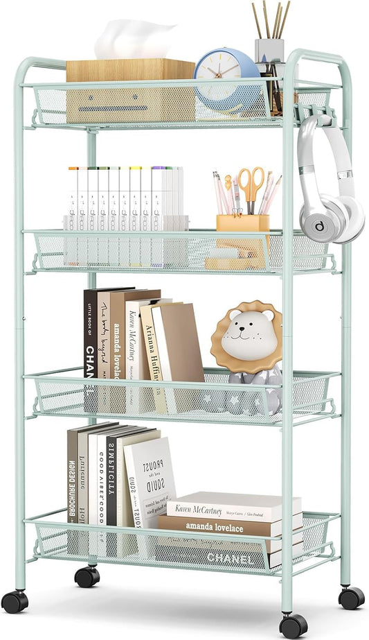 TOOLF 4-Tier Rolling Cart, Metal Utility Cart with 3 Hooks, Easy Assemble Mobile Storage Trolley On Wheels, Metal Shelving Units Kitchen Bathroom Laundry Room
