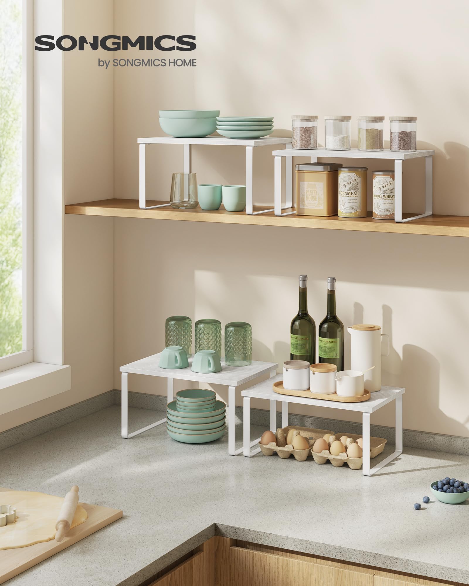 SONGMICS Cabinet Organizer Shelf, Set of 2 Kitchen Counter Shelves, Kitchen Storage, Spice Rack