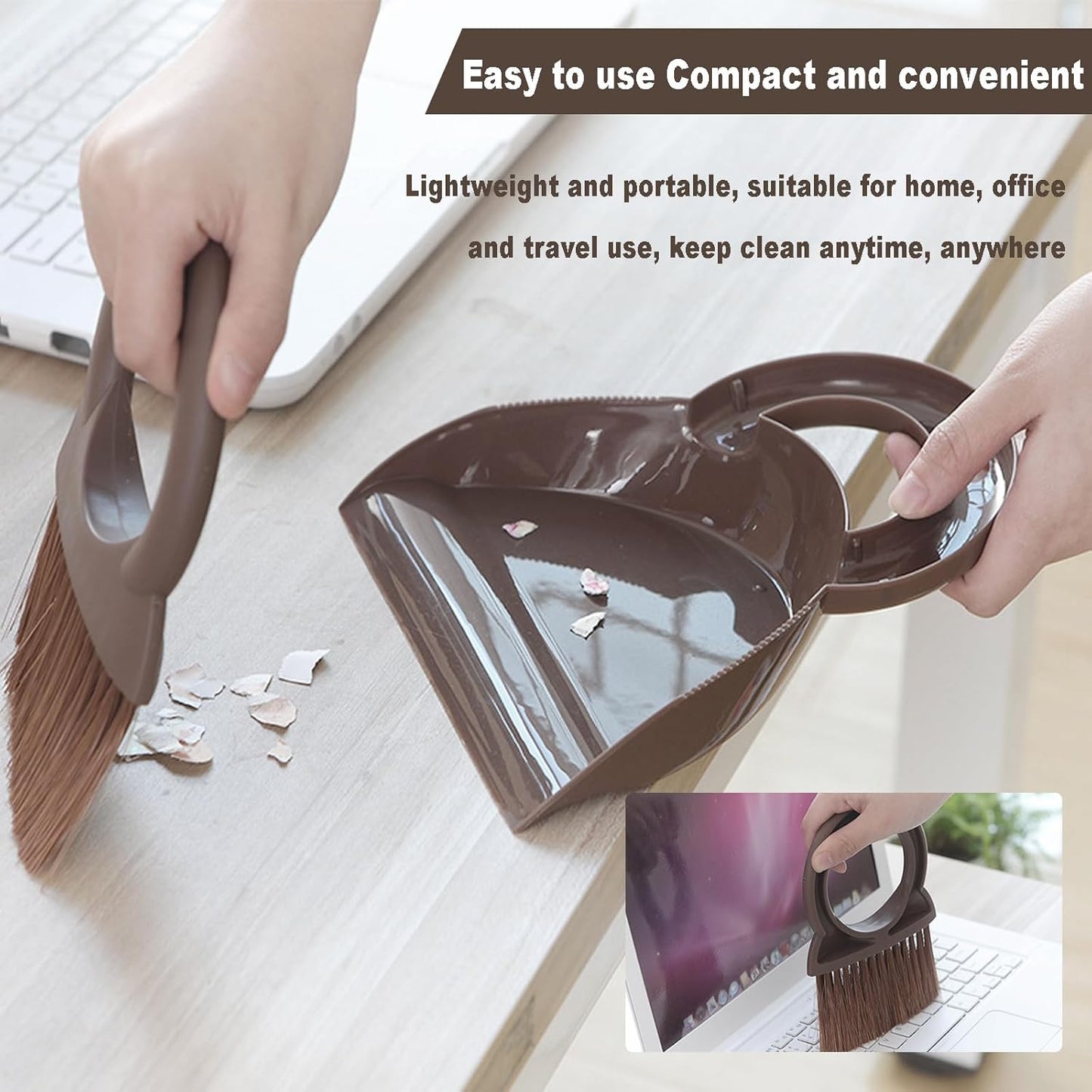 Round Handle Brush and Dustpan Set Small Broom & Dustpan Portable Handheld Sweeper for Desktop Sofa Floor Pet Nest (Coffee)