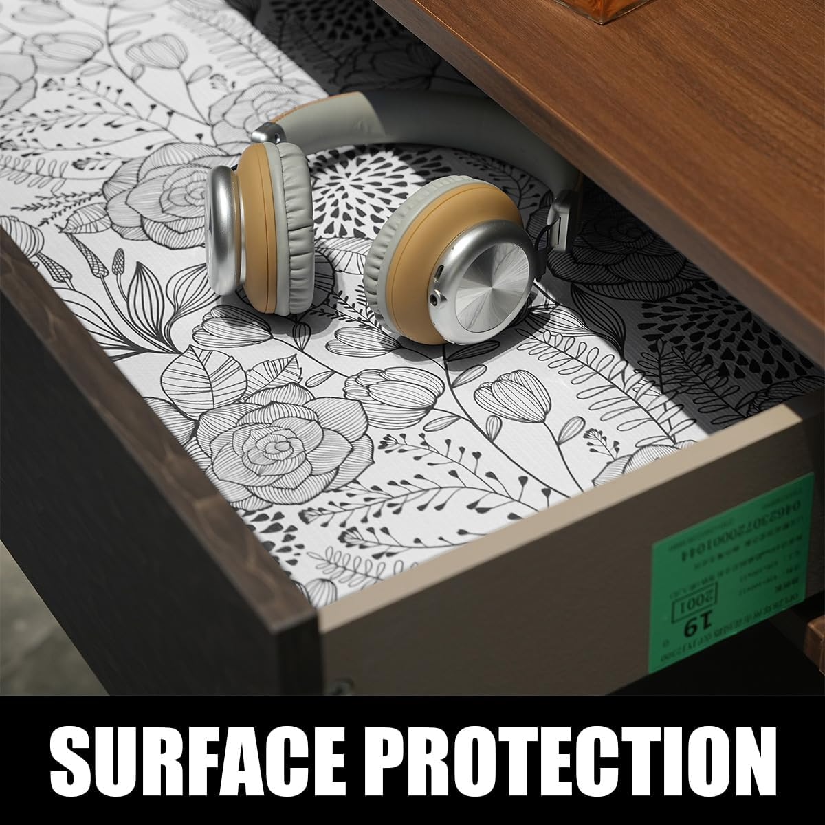 Floral Drawer and Shelf Liner for Kitchen 12IN x 20FT, Non-Adhesive and Strong Non-Slip Cabinet Drawer Liners, Waterproof Thickened Shelf Liner,Easy to Clean,Black and White
