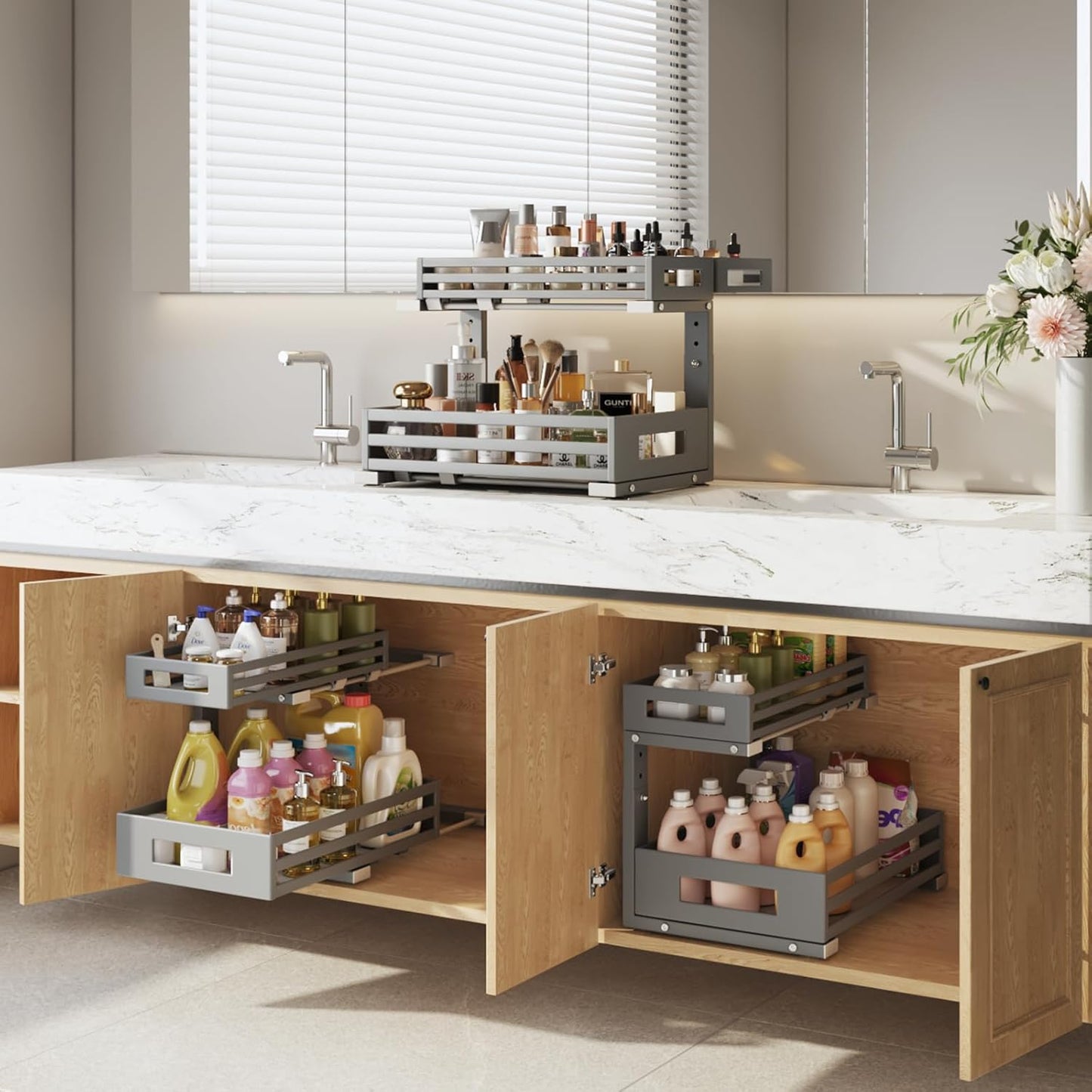 2-Pack Under Sink Organizers and Storage,2-Tier L Shape Pull Out Cabinet Organizer With Round Tube Slide Rails,Hight Adjustable Slide Out Drawers for Kitchen&Bathroom,Multi-Purpose Storage Shelf-Gray