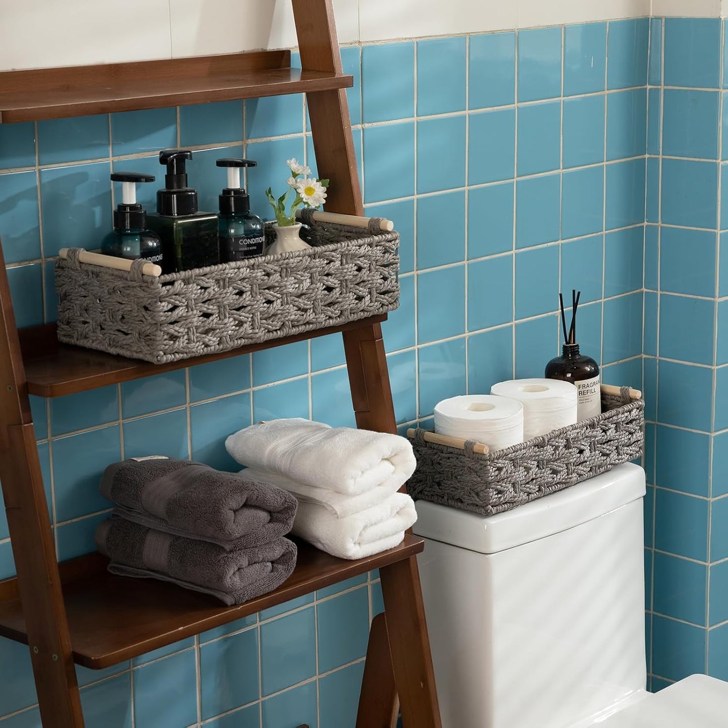 OIAHOMY Toilet Paper Baskets Handmade Paper Rope Decorative Wicker Storage Tank Shelf Cabinet Organizer for Bathroom Home, Set of 2, Grey