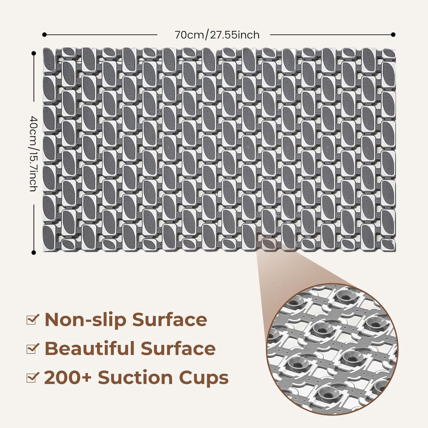 Bathtub Mats Non Slip for Bathroom with Suction Cups and Drain Holes 27.6 * 15.7 Inch Shower Mat for Inside Shower, Quick Dry Bath Mat for Baby Kids Seniors, Easy to Cut Easy Dry