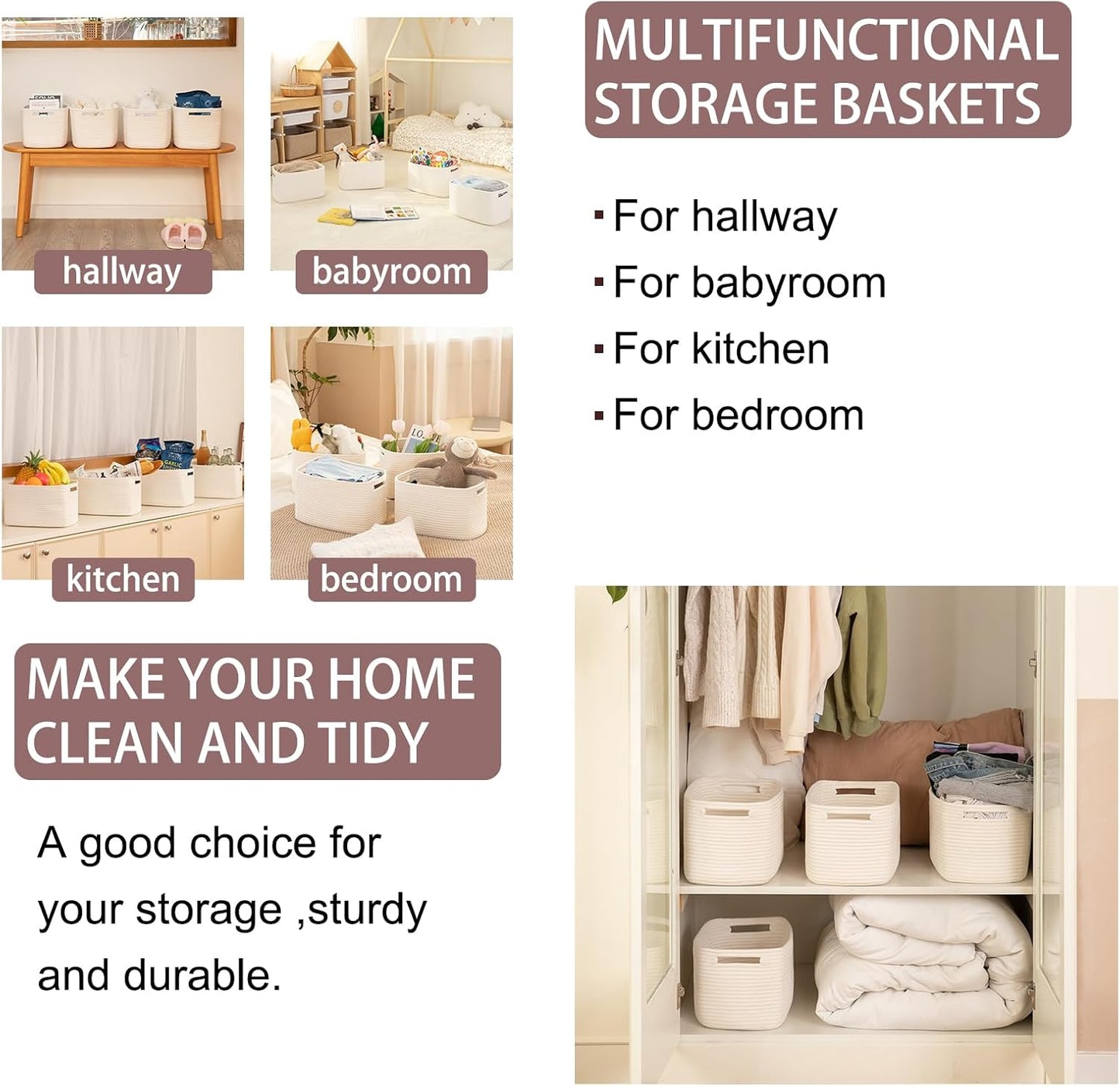 OIAHOMY 4 Pack Storage Baskets for Organizing, Cube Storage Bins for Shelves, Rectangle Storage Baskets With Handles, Woven Baskets for Storage, 12.7''Lx9''Wx7.8''H, White