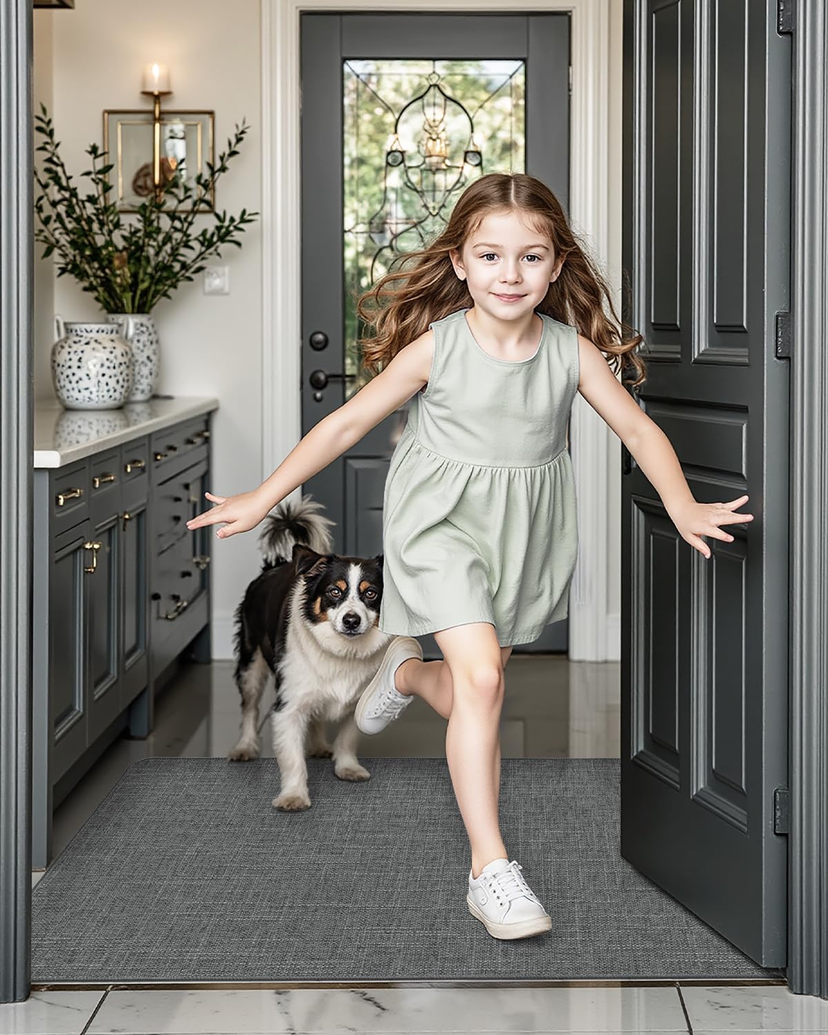 LUMI Ultra Thin Door Mat for Entryway, Low Profile Non Slip Rubber Backing Indoor Doormat, Easy Clean Welcome Entrance Mat for Inside House, Patio, Greenish Grey 17"x30"