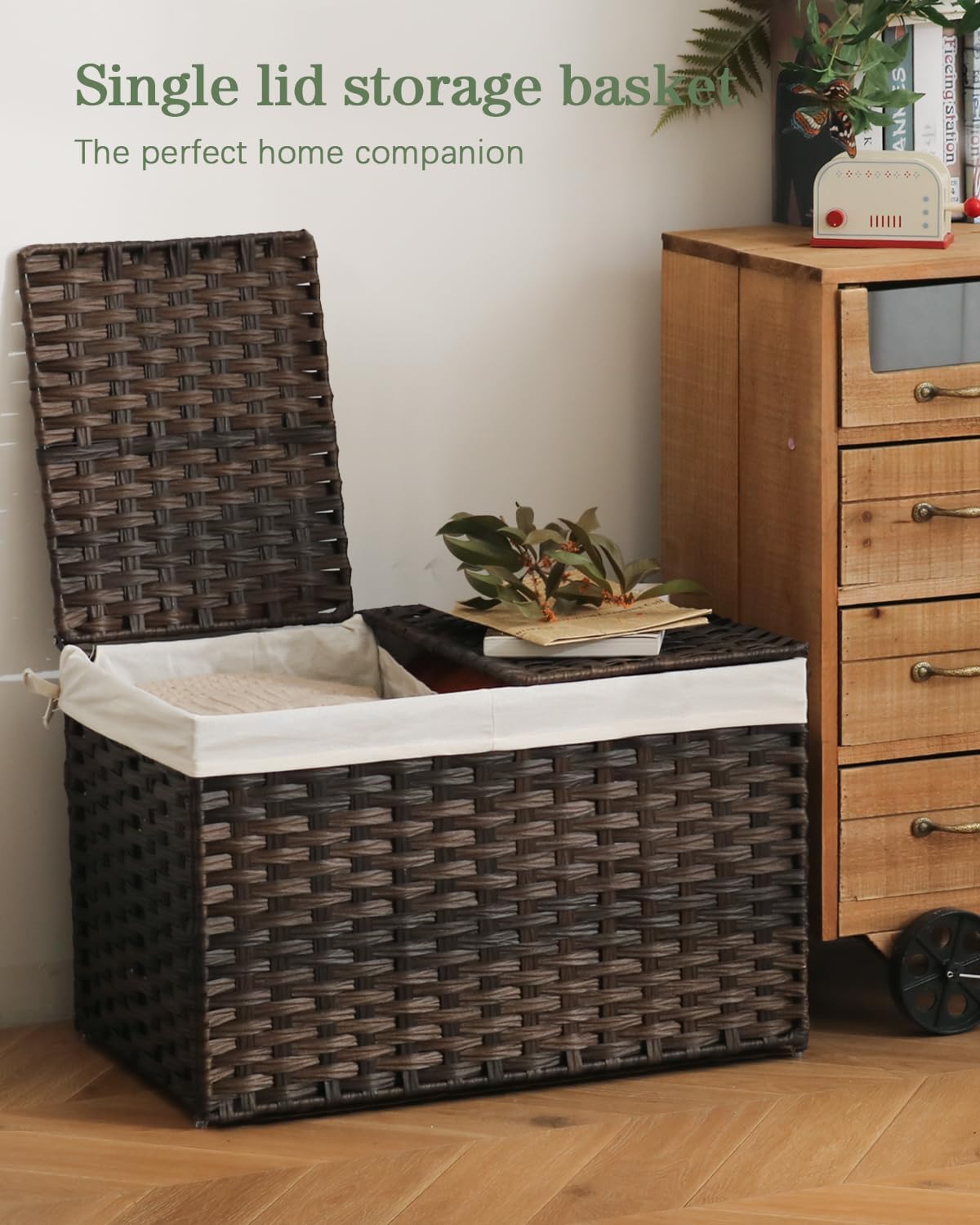 Storage Basket with Lid Rattan Woven Storage Baskets with 2 Separate Lids, 17.2 Gallon (65 L), 22 x 13 x 13.8 Inches,Foldable, 2 Removable Liner Bags Handles for Bedroom, Laundry Room Brown