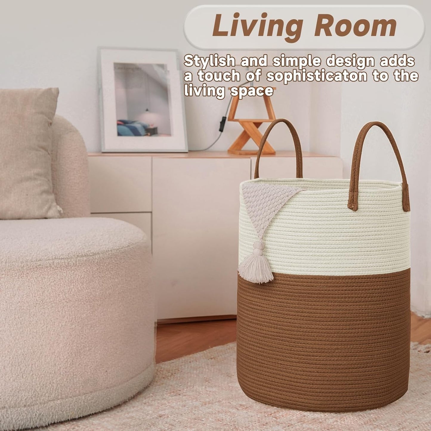 Large Woven Laundry Basket Hamper,60L Cotton Rope Storage Bin for Blankets,Toys and Clothes,Decorative Tall Nursery Hamper for Living Room,Baby Nursery,Bathroom and Bedroom,White and Brown