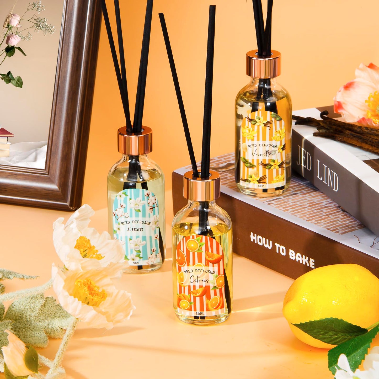 Reed Diffuser Set of 3 Pack, Linen Vanilla Citrus Scented Oil Diffuser with 15 Sticks, Reed