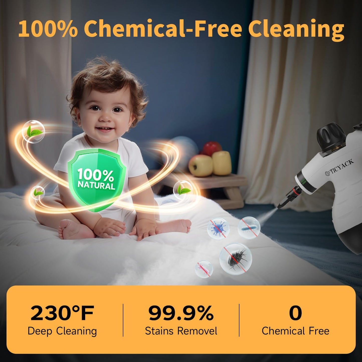 Steam Cleaner, Handheld Steam Cleaner for Home, 16-Piece Steam Cleaner Kit with Automatic Steam Switch, Steamer for Kitchen, Bathroom, Car, Living Room and Multi-Surface Deep Cleaning (White)