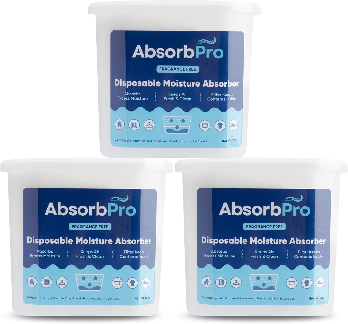 Moisture Absorber Tub Fragrance Free - 3-Pack - 18 oz Unscented Disposable Odor Eliminator Box & Dehumidifier for Garage, Home, Kitchen, Bedroom, Bathroom, Closet, Cars, and Boats