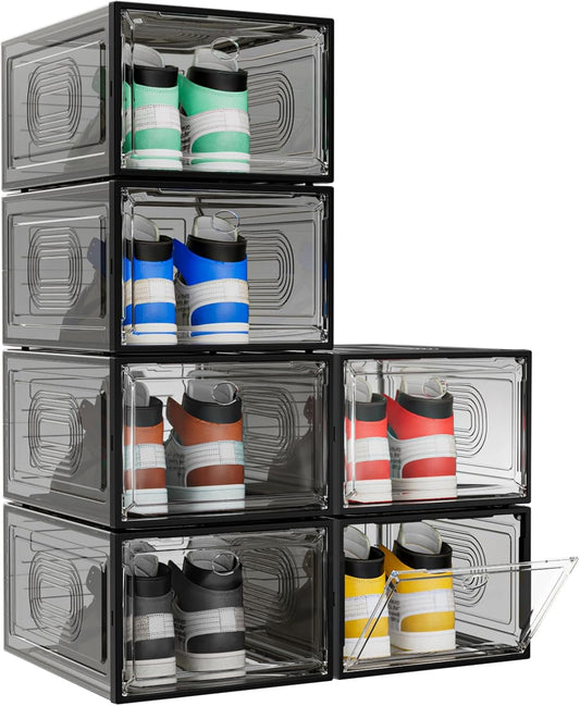 6 Pack Thicken Shoe Organizer Stackable,Upgraded Sturdy Shoe Storage Box with Magnetic Door,Shoe Containers For Sneaker Display,Hat Organizer,Black