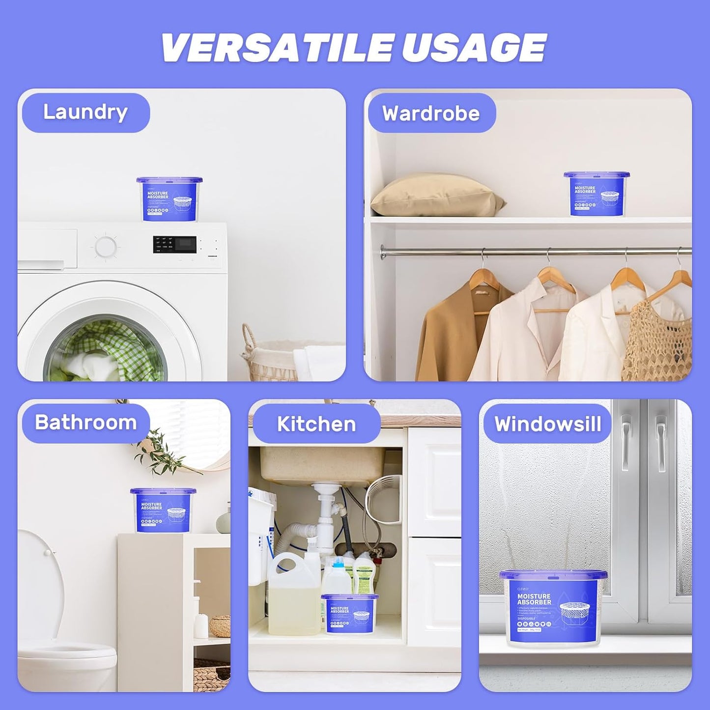 CLEVAST Moisture Absorbers Boxes, 10 OZ, 6 Pack, Dehumidifier Box for Closet, Unscented Hanging Humidity Absorber in Wardrobes, Bedrooms, Bathrooms, RV