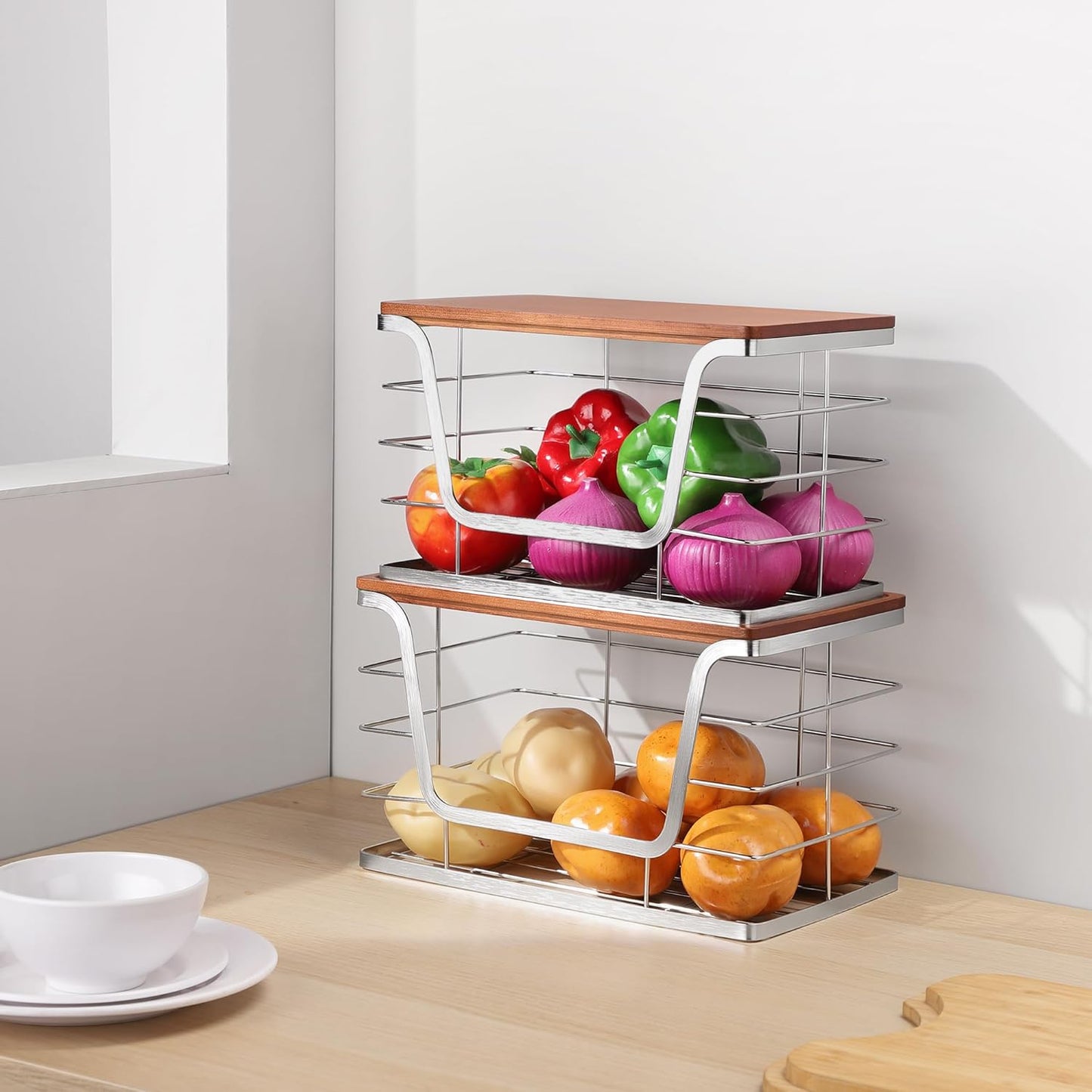 ALOCEO 2 Pack Stackable Storage Bins with Lids, Stainless Steel Extra Large Trash Bag Dispenser for Kitchen Sink, Laundry, Pantry Organizer and Storage, Fit 13/30/33 Gallon Garbage Bags, Walnut Sliver