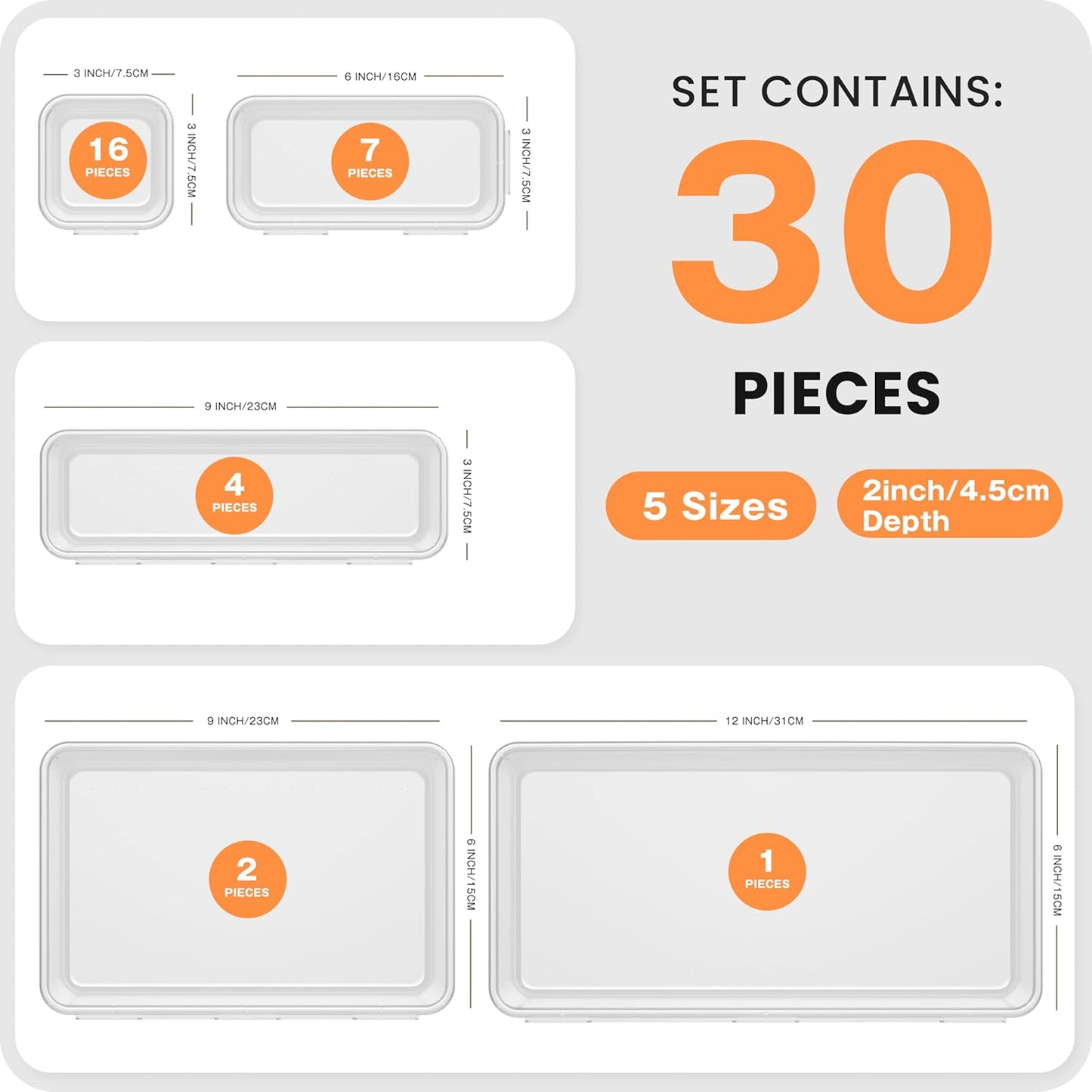 A-LuGei 【Military Grade】 Drawer Organizer, 【𝟱𝗦𝗶𝘇𝗲】 Clear Makeup organizer, 【Holds 177 Items】 Bathroom Organizers and Storage, Plastic Desk Organizer Divider, Organizer Bins for Office Vanity