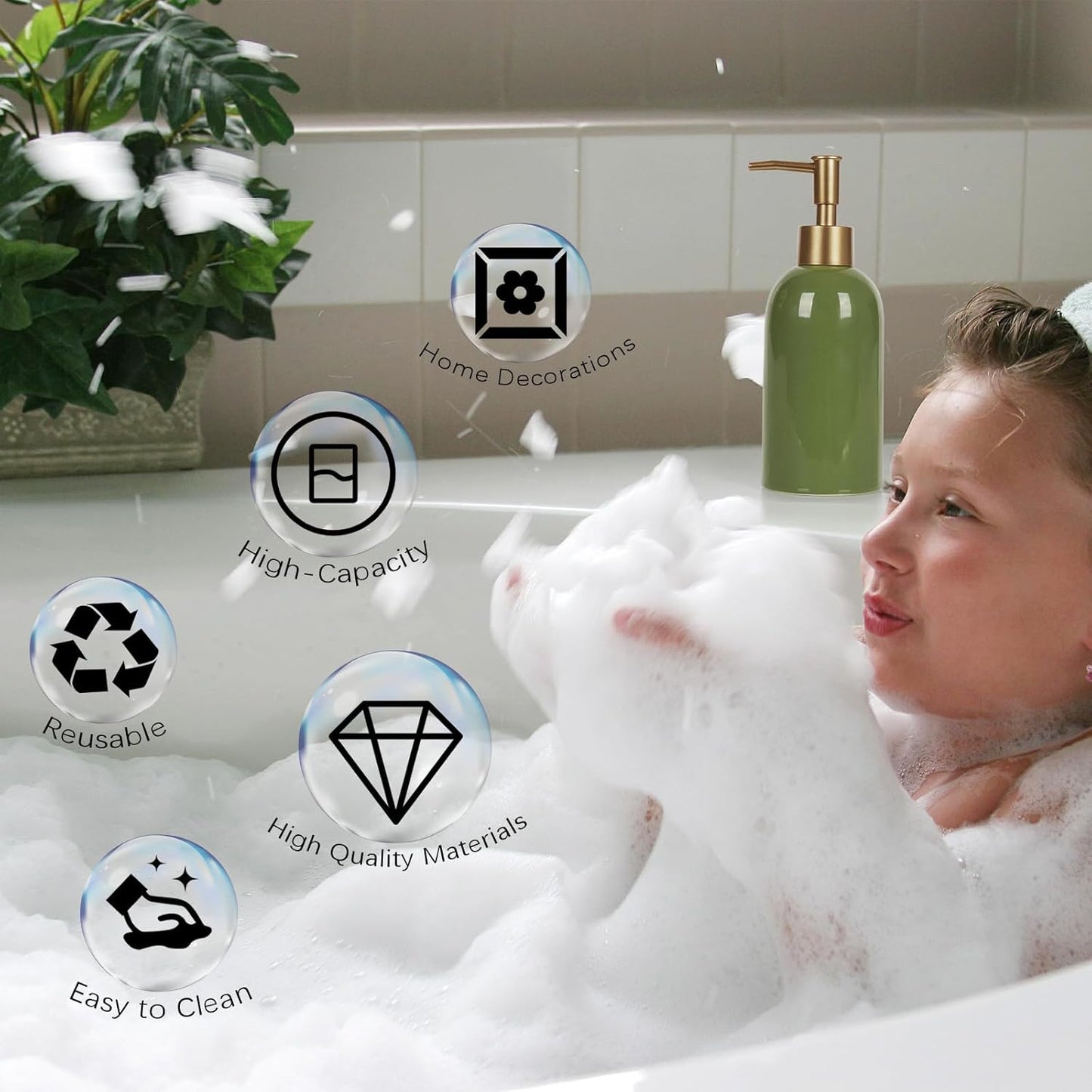 Natheeph 14OZ Ceramic Soap Dispenser Ceramic Soap Pump Dispenser Can Fill Liquid for Bathroom/Kitchen (2PC Green)