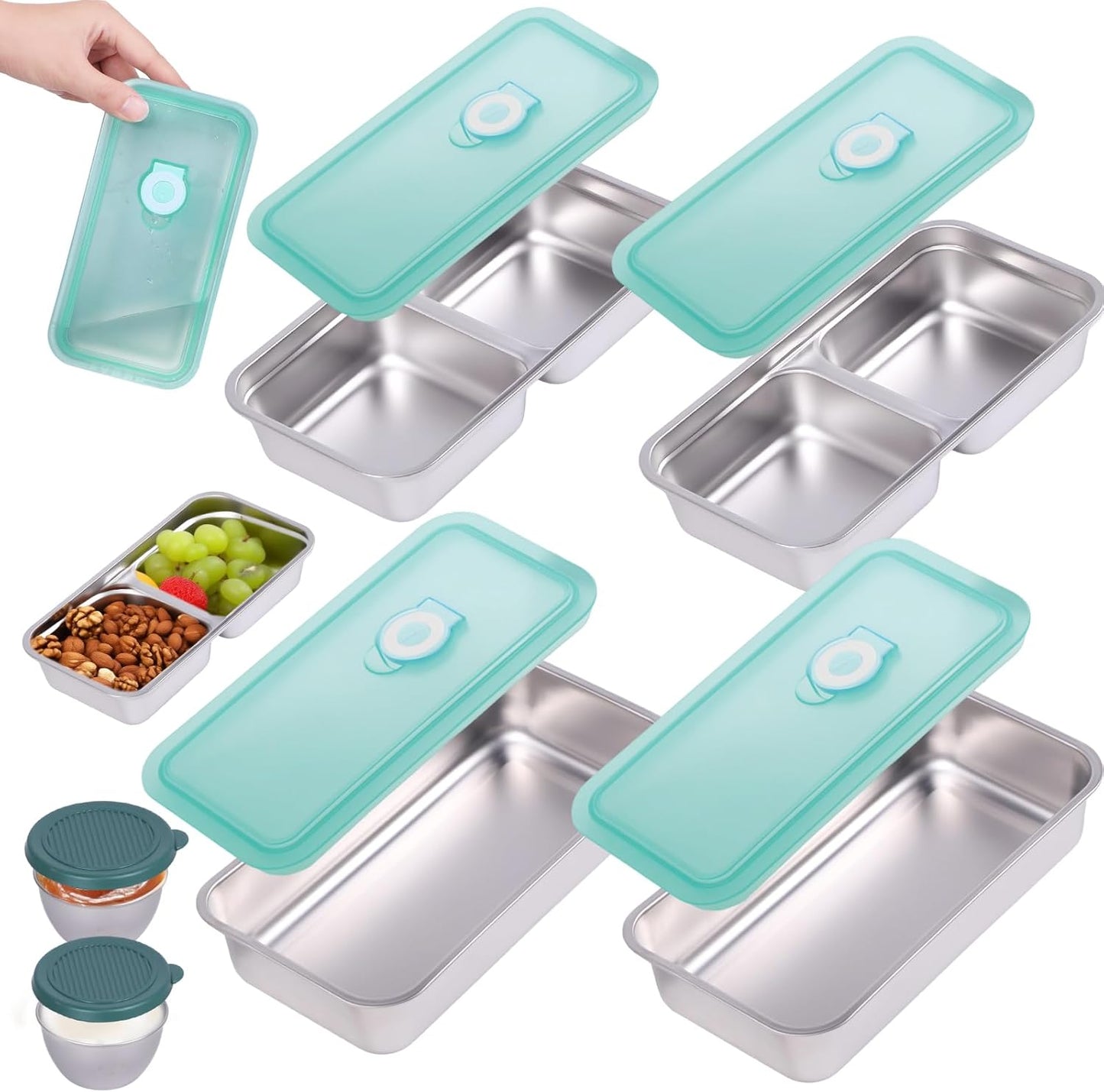 6 Pack Stainless Steel Snack Containers with Lids, 2-Compartment Bento Box, Lunch Box & Salad Dressing Container To Go, Leakproof Food Storage for Adults, Dishwasher Safe for Travel Office