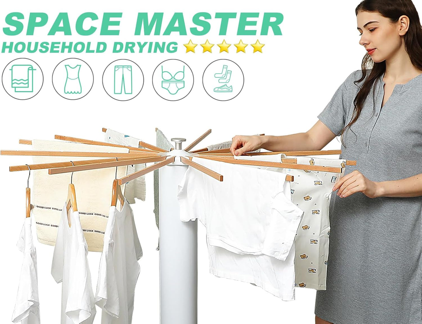 Cylinder Tripod Clothes Drying Rack - 16 Expandable Rods | Standing Octopus Drying Rack Clothing | Space Saving Master | Collapsible Compact for Laundry Room Household & Indoor | Solid Wood