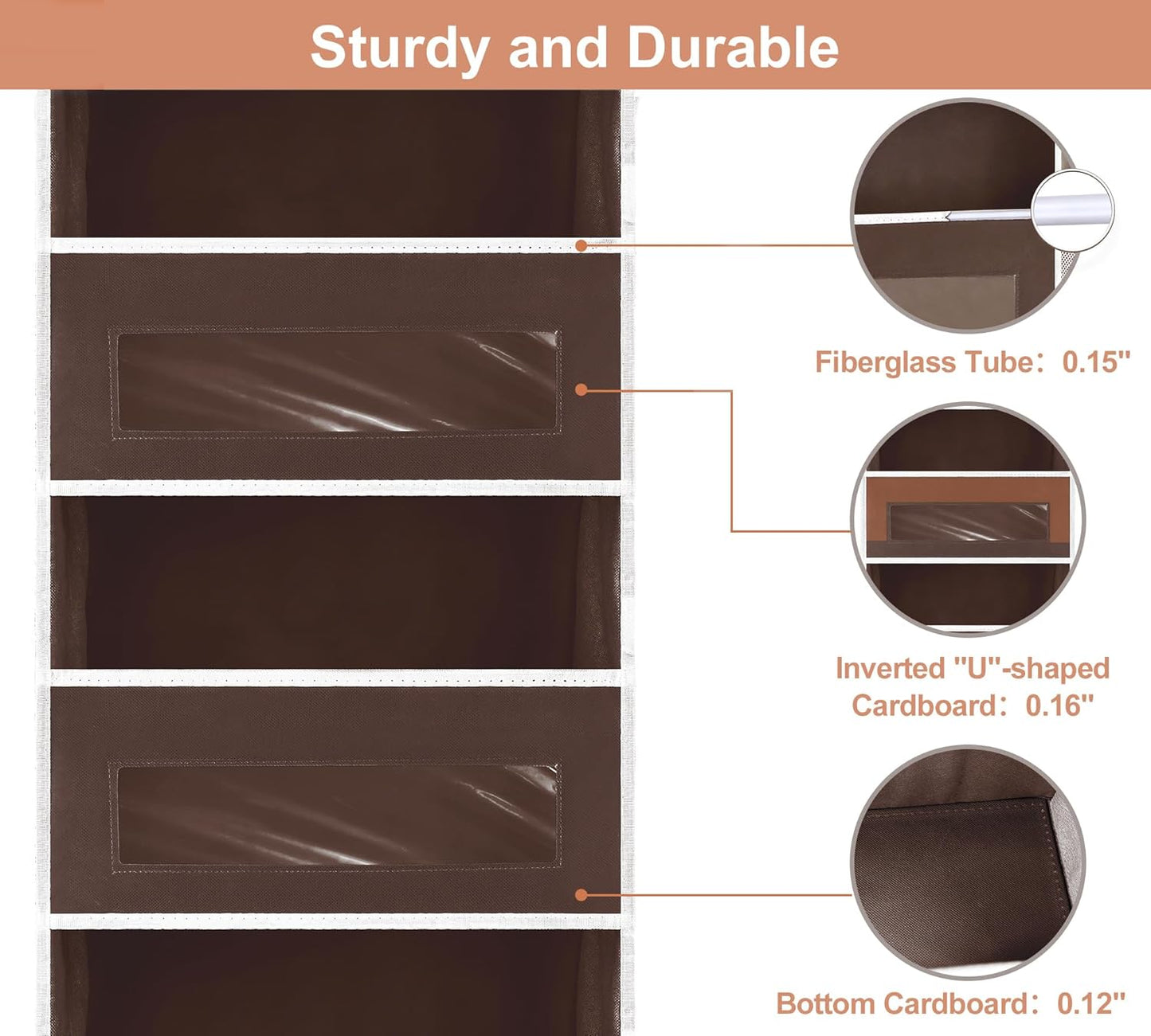 2 Packs 5-Tier Over the Door Storage Organizer with 10 Side Mesh Pockets, 48 lbs Load Capacity, 3 Hooks Design, Hanging Organizer with Clear Windows for Bathroom, Bedroom, Nursery, Kitchen-Brown