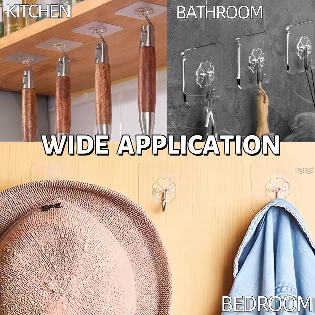 DDMY 24 Packs Hooks for Hanging 50lb Wall Hooks Transparent Reusable Waterproof Adhesive Hook for Kitchen Curtain, Towel Hook for Bathrooms, Heavy Duty Self Coat Hook for Walls No Damage